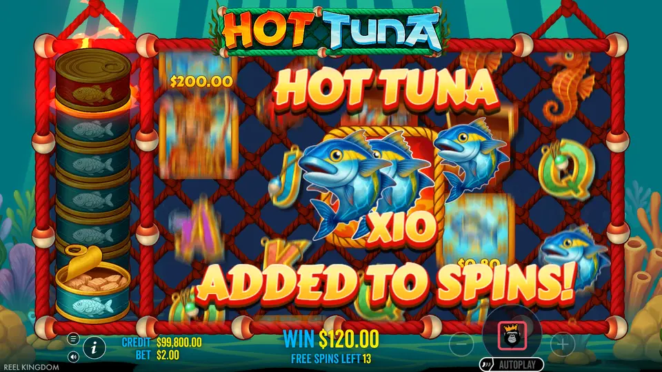 Hot Tuna x10 multiplier symbol applying to accumulated Money total in free spins